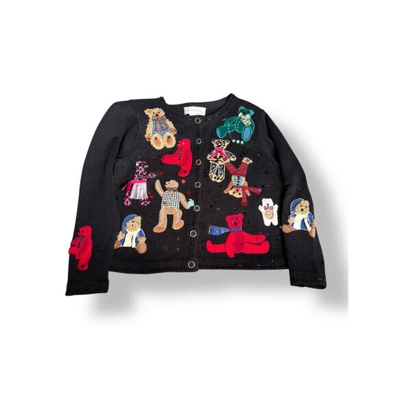 Vintage Susan Bristol Teddy Bear Applique Black Knit Cardigan Sweater Petite - Picture 6 of 13